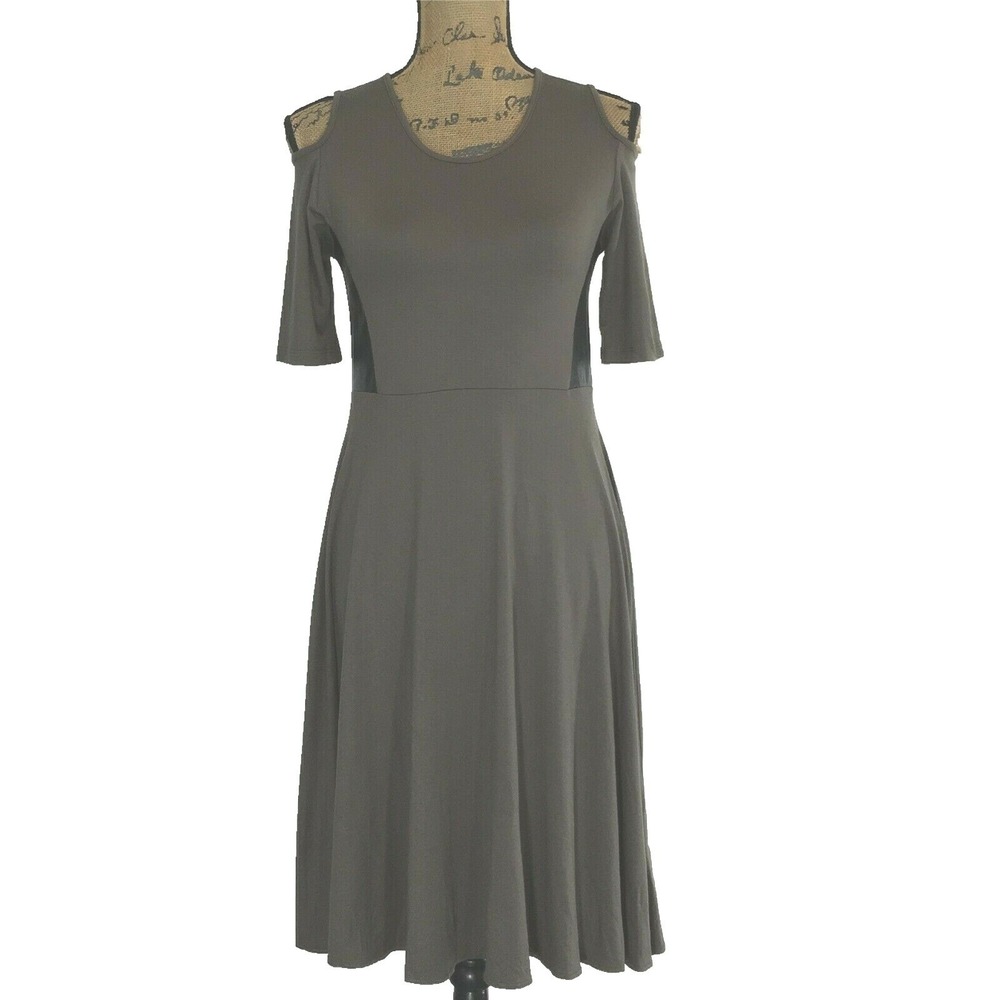 Comfy USA Dress XS Olive Green Black Faux Leather Fit Flare Cold Shoulder